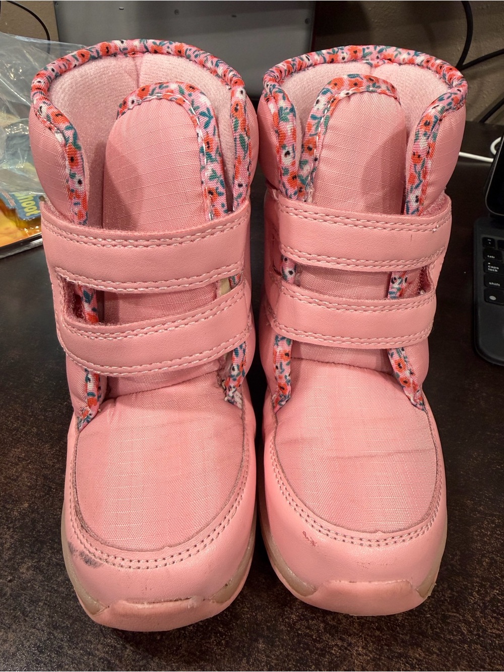 Carter's Pink Floral-Trim Velcro Snow Boots